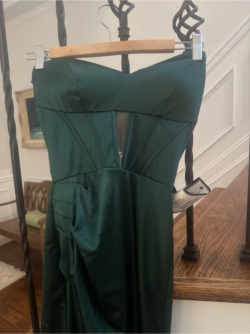 Macy's Strapless Forest Green Satin Prom Gown - Picture 2 of 8
